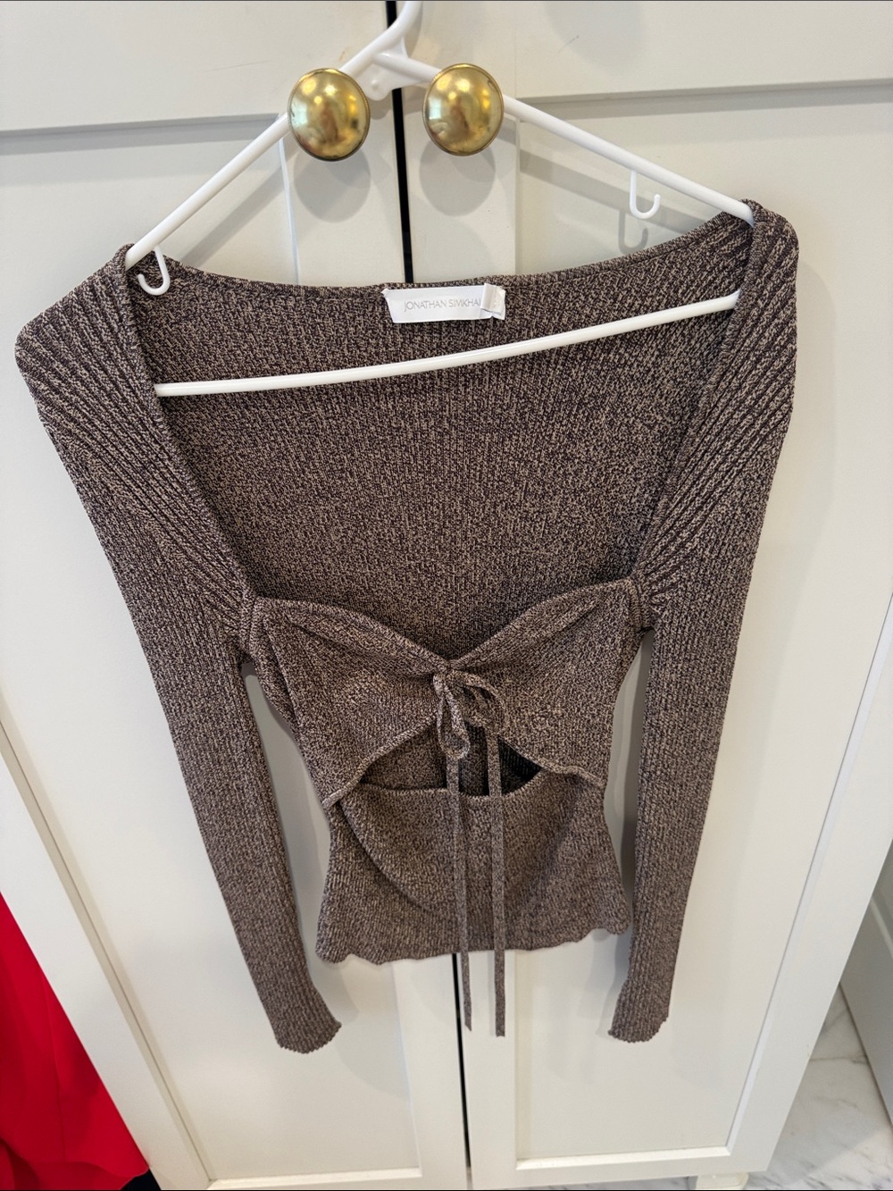 Jonathan Simkhai Taupe-Brown Tie-Front Off-the-Shoulder Sweater